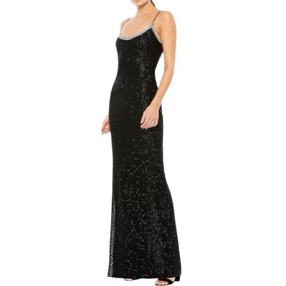 MAC DUGGAL Women’s Beaded Spaghetti Strap Column Gown in the Size 14 in Black - Picture 2 of 11
